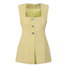 Odd Muse Boucl&eacute; Tailored Waistcoat in chartreuse with square neckline, silver buttons, front split and structured shoulders