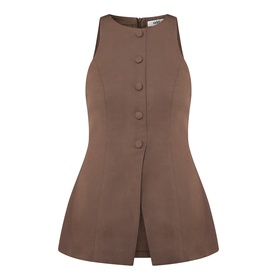 Odd Muse Solid Cinched Waistcoat in mushroom, sleeveless with crew neck, front button fastening, waist cinch and front split