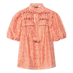 Mint Velvet Floral Ruffle Blouse in orange, printed fabric, ruffle bib, V-neckline cut-out, short puff sleeves, button and tie fastening