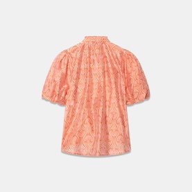 Mint Velvet Floral Ruffle Blouse in orange, rear view, showing short puff sleeves, high collar, and all-over printed fabric.