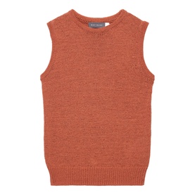 Rust orange knitted sleeveless vest with crew neck, ribbed hem and armhole trim, laid flat on white background