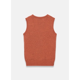Rust orange knitted sleeveless vest, ribbed hem and armhole trim, relaxed fit, shown flat from the back