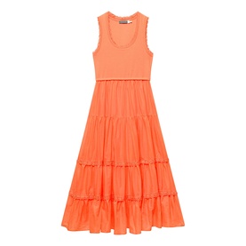Orange sleeveless midi dress with ribbed bodice and tiered, ruffled skirt in a bright coral hue