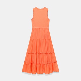 Orange sleeveless tiered maxi dress with fitted bodice and layered ruffled skirt, flat product shot
