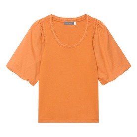 Orange short-sleeve top with puff sleeves, scoop neckline with decorative trim detail, relaxed fit