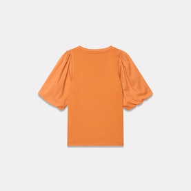 Orange puff-sleeve T-shirt with round neckline, cropped length, shown flat on white background