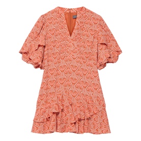 Orange swirl-print mini dress with V-neckline, puff sleeves, and ruffle hem detail
