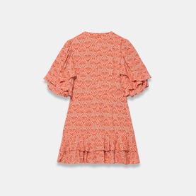 Coral printed mini dress with puff sleeves, V-neckline, and tiered ruffle hem, shown flat against white background