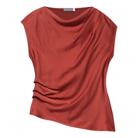 Rust red sleeveless satin top with cowl neckline, draped front detail, and asymmetric ruched hem