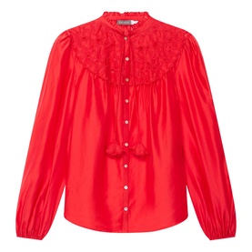 Mint Velvet red long-sleeve blouse with lace yoke, button-front placket, tassel ties, and elasticated cuffs