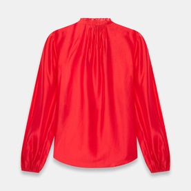 Mint Velvet red satin blouse with gathered ruched neckline, balloon sleeves, and relaxed fit, back view.