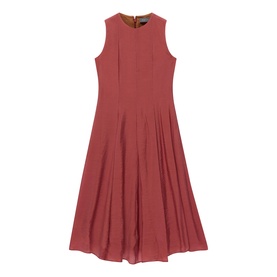 Mint Velvet Asymmetric Pleated Dress in red, sleeveless with crew neckline, nipped waist and pleated midi skirt, gold zip detail