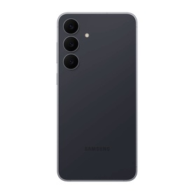 Samsung Galaxy S25 FE in Jet Black, rear view showing triple camera system with LED flash on matte black finish.