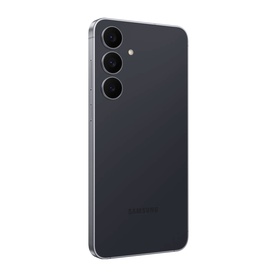 Samsung Galaxy S25 FE Jet Black smartphone, rear view showing triple camera module on dark matte finish body.
