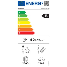 Samsung Galaxy S25 FE Jet Black EU energy rating label, class B, 42h 37min battery, 2000 charge cycles, IP68 water resistance rating.