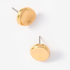 Mint Velvet Shiny Metal Stud Earrings in gold, domed circular disc design with silver post and butterfly clasp fastening
