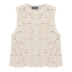 Mint Velvet Sparkle Crochet Waistcoat in beige, floral crochet pattern, crew neckline, button front detailing, sleeveless