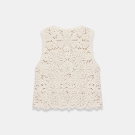 Mint Velvet Sparkle Crochet Waistcoat in beige with floral crochet pattern, scalloped hem, and beaded embellishment detailing