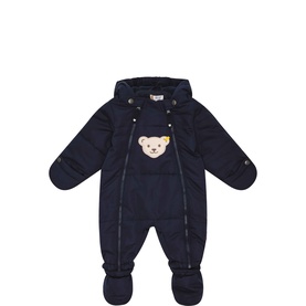 Steiff navy babygrow all-in-one with hood, bear appliqu&eacute;, zip fastening, and integrated footies