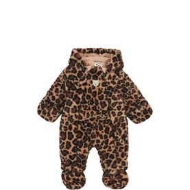 Steiff sesame leopard print fleece babygrow with hood and integrated feet, long sleeves