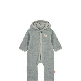 Steiff Limestone Melange hooded babygrow with full-length zip and signature bear badge, long sleeves and popper-cuffed legs