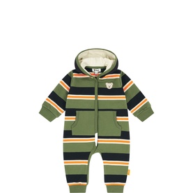 Steiff Bronze Green striped hooded babygrow with zip front, kangaroo pocket, and navy, orange and cream stripe detail