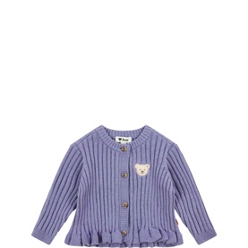 Steiff Thistle Down ribbed knit baby cardigan with frill hem, bear patch, and button front in soft purple