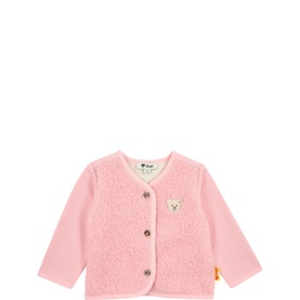 Steiff Poignant Pink baby gilet with button front, textured fleece body, smooth knit sleeves, and bear badge detail