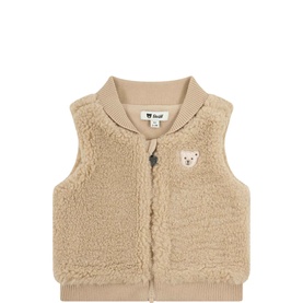 Steiff baby gilet in sesame, teddy fleece texture, zip fastening, embroidered bear logo on chest