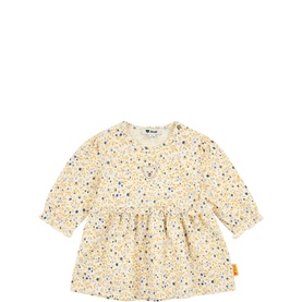 Steiff baby dress in Whitecap Gray with long sleeves, ditsy floral print, and gathered skirt waistline.