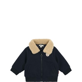 Steiff baby jacket in Navy with camel teddy fleece collar, front zip fastening, and small bear badge detail