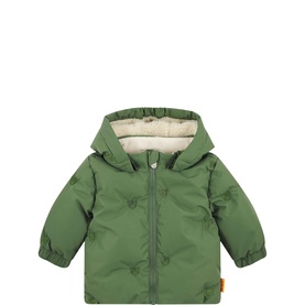 Steiff Baby Bronze Green hooded jacket with sherpa lining, subtle bear print, and snap button fastening