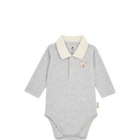 Steiff Harbor Mist Melange long-sleeve baby romper with cream polo collar and bear badge appliqu&eacute;