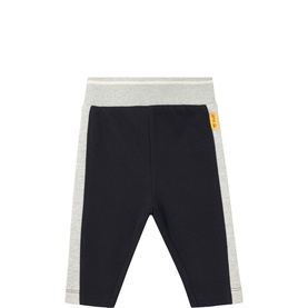 Steiff Navy baby sweat bottoms with grey marl waistband and side stripe detail, small yellow logo tab at hip.