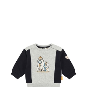 Steiff Drizzle Melange baby sweat top with navy colour-block panels and space rocket astronaut graphic print on chest.