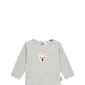 Steiff baby long-sleeve T-shirt in Drizzle Melange with embroidered teddy bear face appliqu&eacute; and button shoulder fastening.