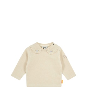 Steiff baby long-sleeve T-shirt in Whitecap Gray Mel with peter pan collar and embroidered floral trim, small bear badge on sleeve