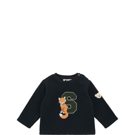 Steiff navy baby long-sleeve T-shirt with fox and varsity letter S appliqu&eacute; on chest, button shoulder detail, sleeve patch badge