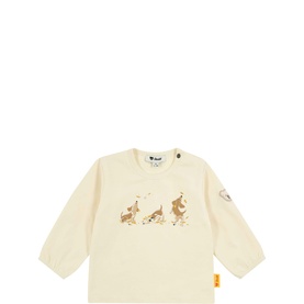 Steiff Whitecap Gray baby long-sleeve top with brown duck print motif and signature bear badge on sleeve.