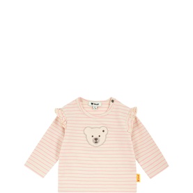 Steiff baby long-sleeve T-shirt in Whitecap Gray stripe with teddy bear appliqu&eacute; on chest and frill shoulder detail.