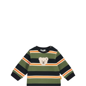 Steiff Bronze Green striped long-sleeve baby top with embroidered bear face appliqu&eacute; on chest and snap collar detail