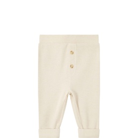 Steiff baby trousers in Whitecap Gray Mel, ribbed fabric with gold-tone button detail at waist and cuffed hems