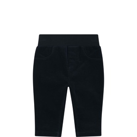 Steiff baby trousers in Navy, elasticated ribbed waistband, button-front detail, straight-leg cut in soft fabric.