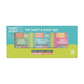 Treat Yo Self Sweet & Sour Trio 430g gift box featuring Sour Stripz, Fizzy Cola Bottles and Space Gummies, plant-based sweets