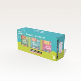 Treat Yo Self Sweet & Sour Trio 430g gift box with multicoloured packaging, featuring sour stripz, fizzy cola bottles and space gummies.