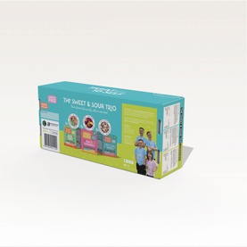 Treat Yo Self Sweet & Sour Trio 430g multicoloured gift box, angled view showing teal packaging with product imagery and family lifestyle photo.