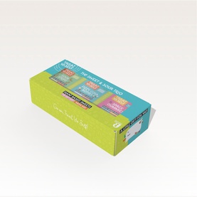 Treat Yo Self Sweet & Sour Trio 430g gift box, multi-coloured packaging featuring sour stripz, fizzy cola bottles and fruity space gummies
