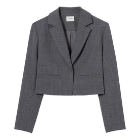 Claude Pierlot cropped blazer in mottled grey, notched lapel, single button fastening and front welt pockets