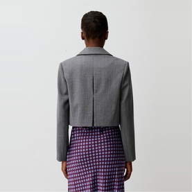 Model wearing Claude Pierlot mottled grey cropped blazer, back view, styled with purple geometric print midi skirt.