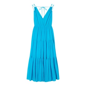 Whistles blue tiered midi dress with V-neckline, tie shoulder straps, and gathered skirt detail